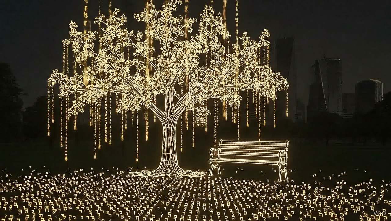 A tree formed from thousands of illuminated Hebrew letters, with a bench beneath it